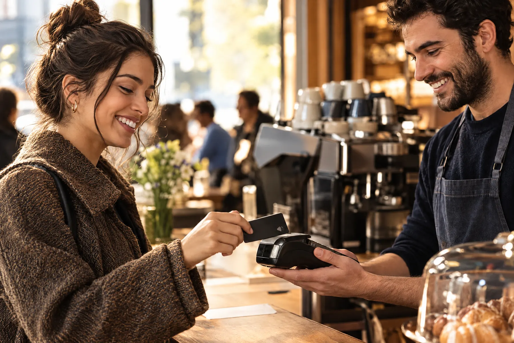 Kafe tezgâhında POS cihazına temassız kartla ödeme yapan müşteri
